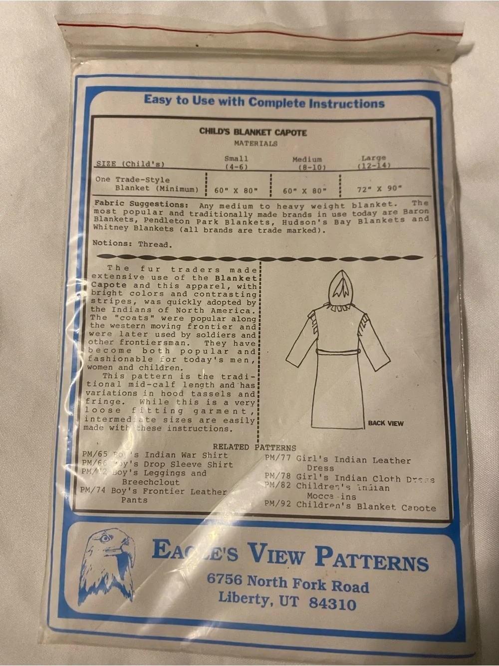 Child's Blanket Capote Pattern with Blue Trim - Sewing Pattern